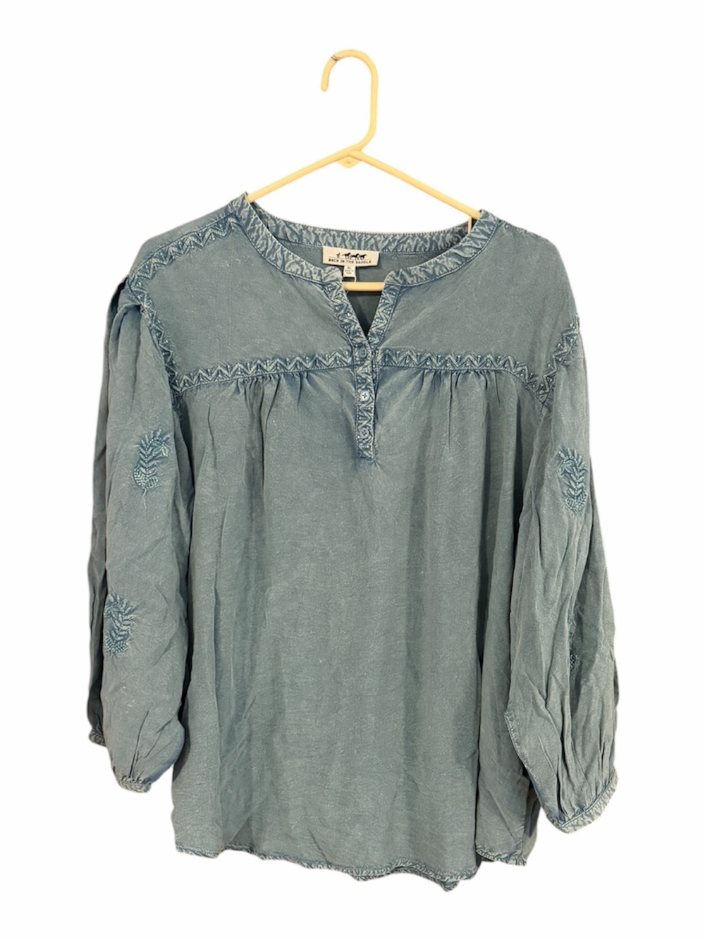 Back in the Saddle Slate Blue Embroidered Peasant Blouse Rayon XL